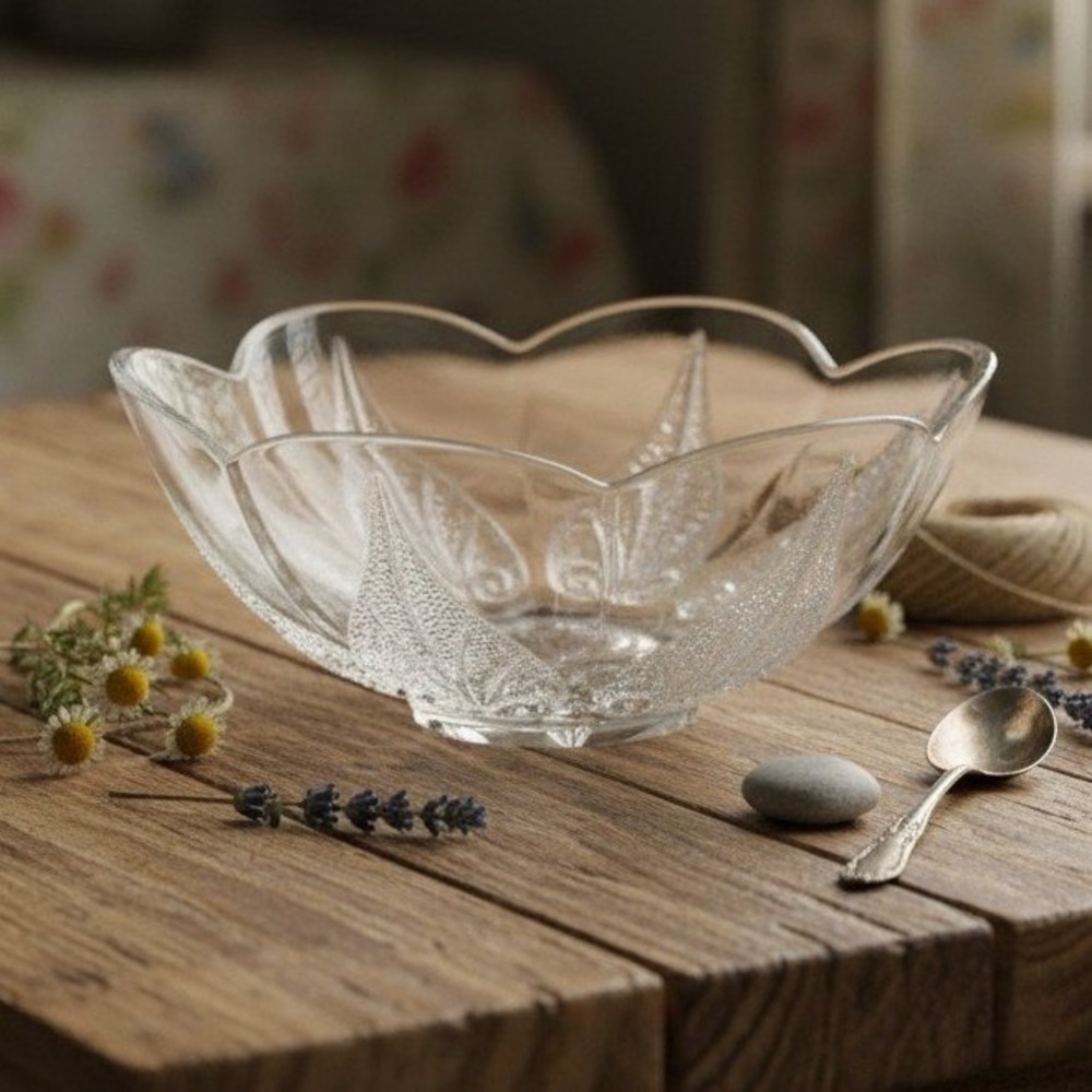 Indiana Glass Clear Trinket Dish, Vintage Leaf Design Candy Bowl, Centerpiece